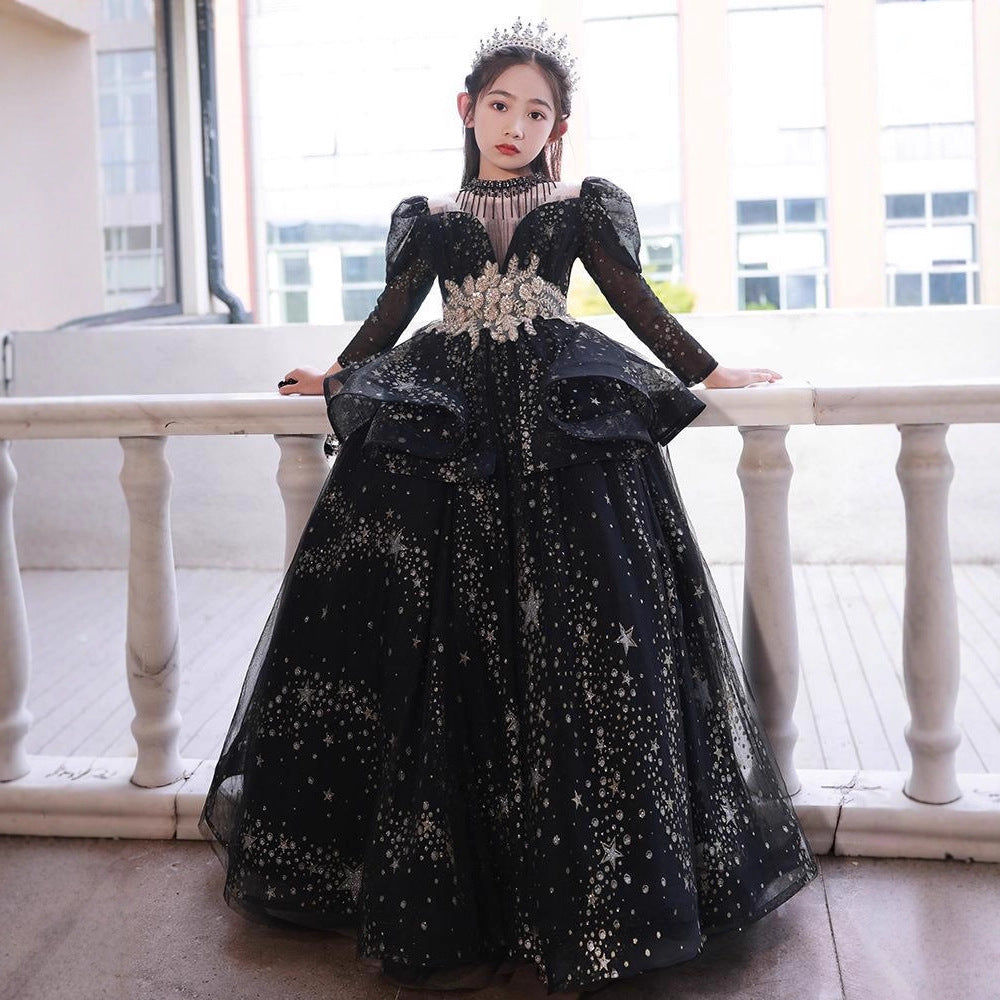 Black Princess Dress: Flower Girl/Host/Catwalk/Piano Performance Outfit for Girls