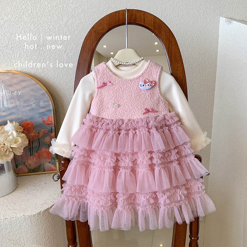 Girls dress winter 2025 new velvet primer sleeveless velvet kt cat cake dress two-piece set