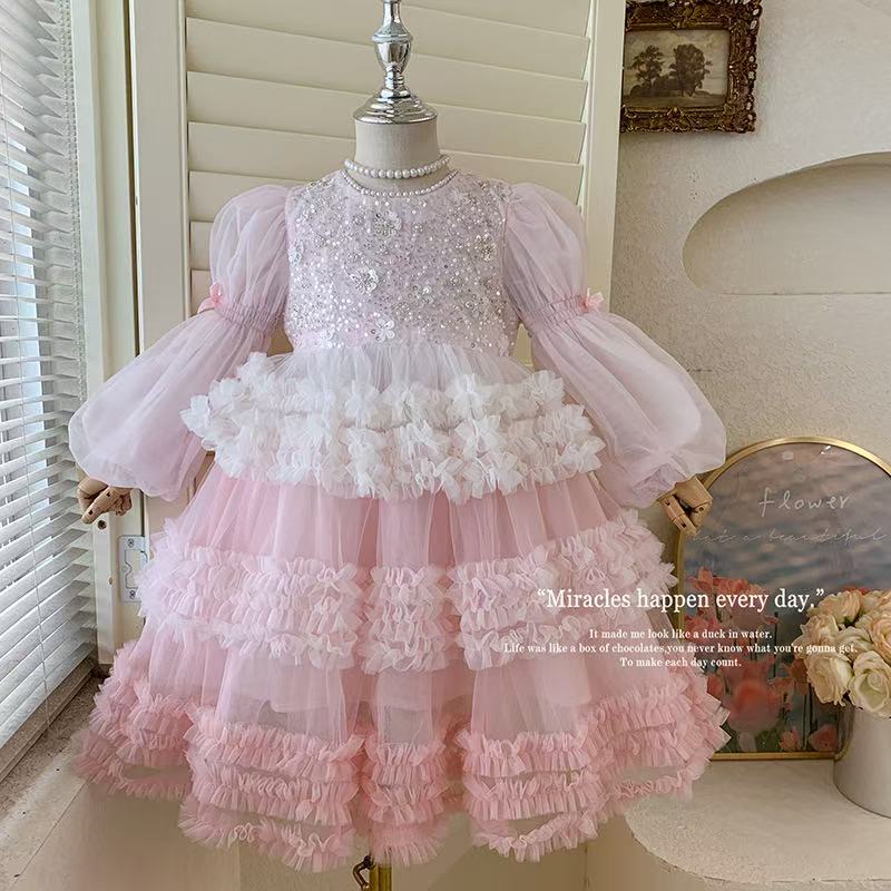Girls' pink lace princess dress