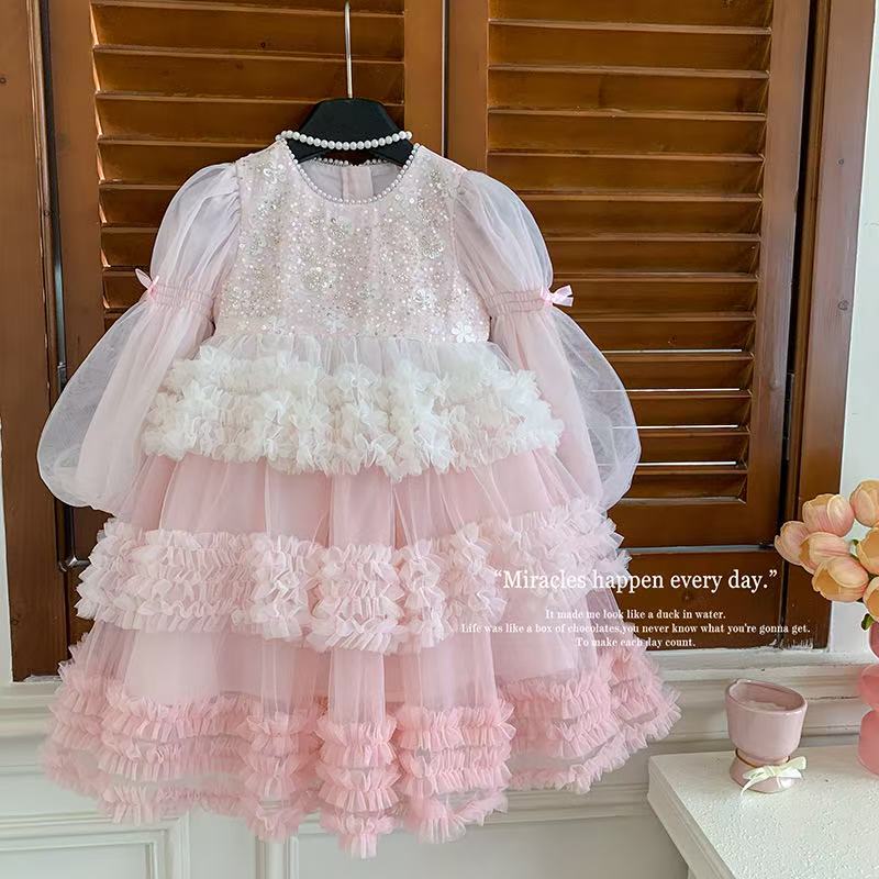 Girls' pink lace princess dress