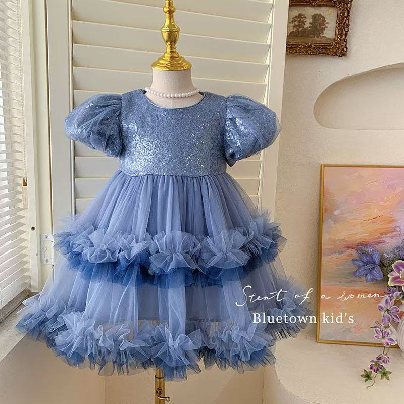 Cute puff - sleeve gradient tulle dress