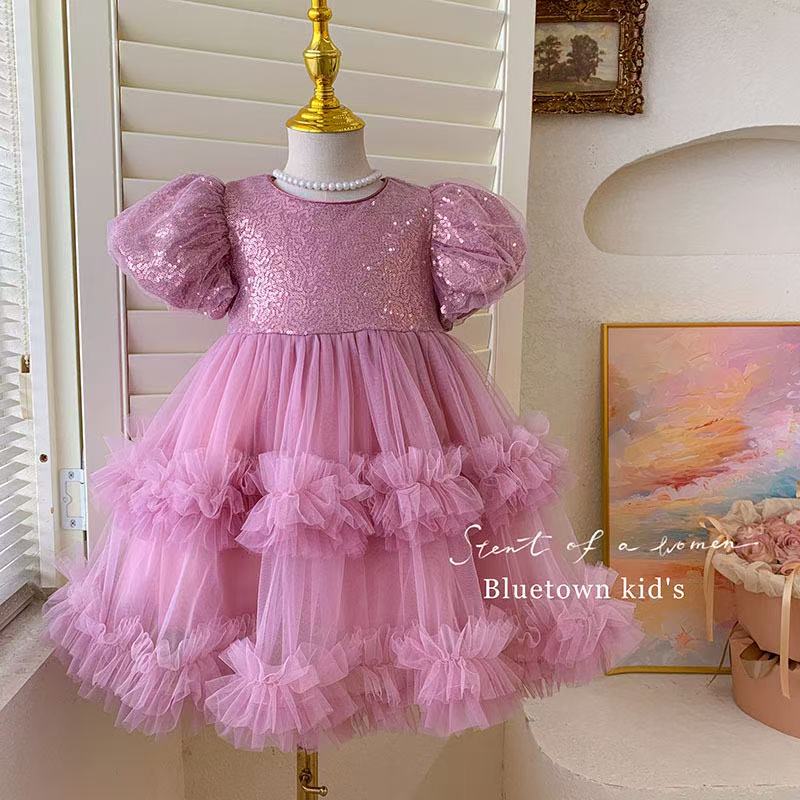 Cute puff - sleeve gradient tulle dress
