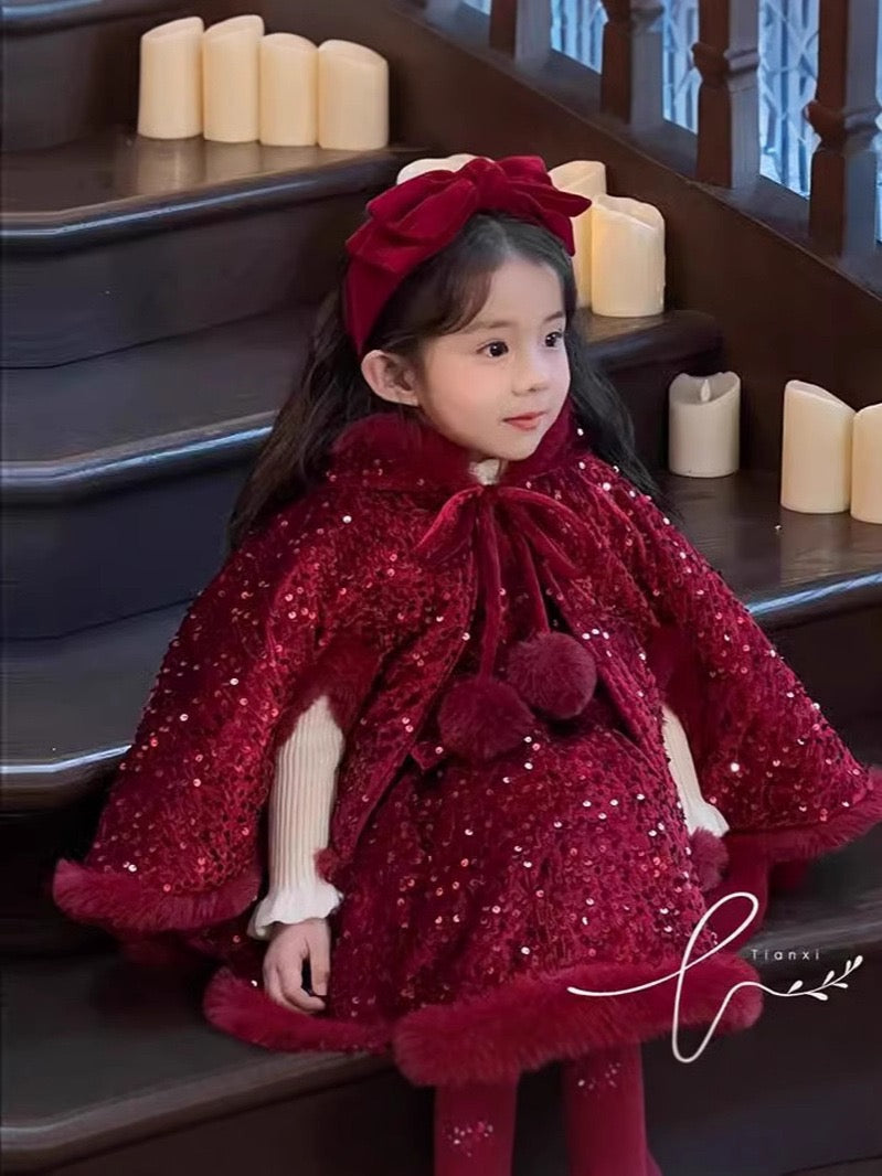 Sparkly Red Christmas Hooded Cape Dress