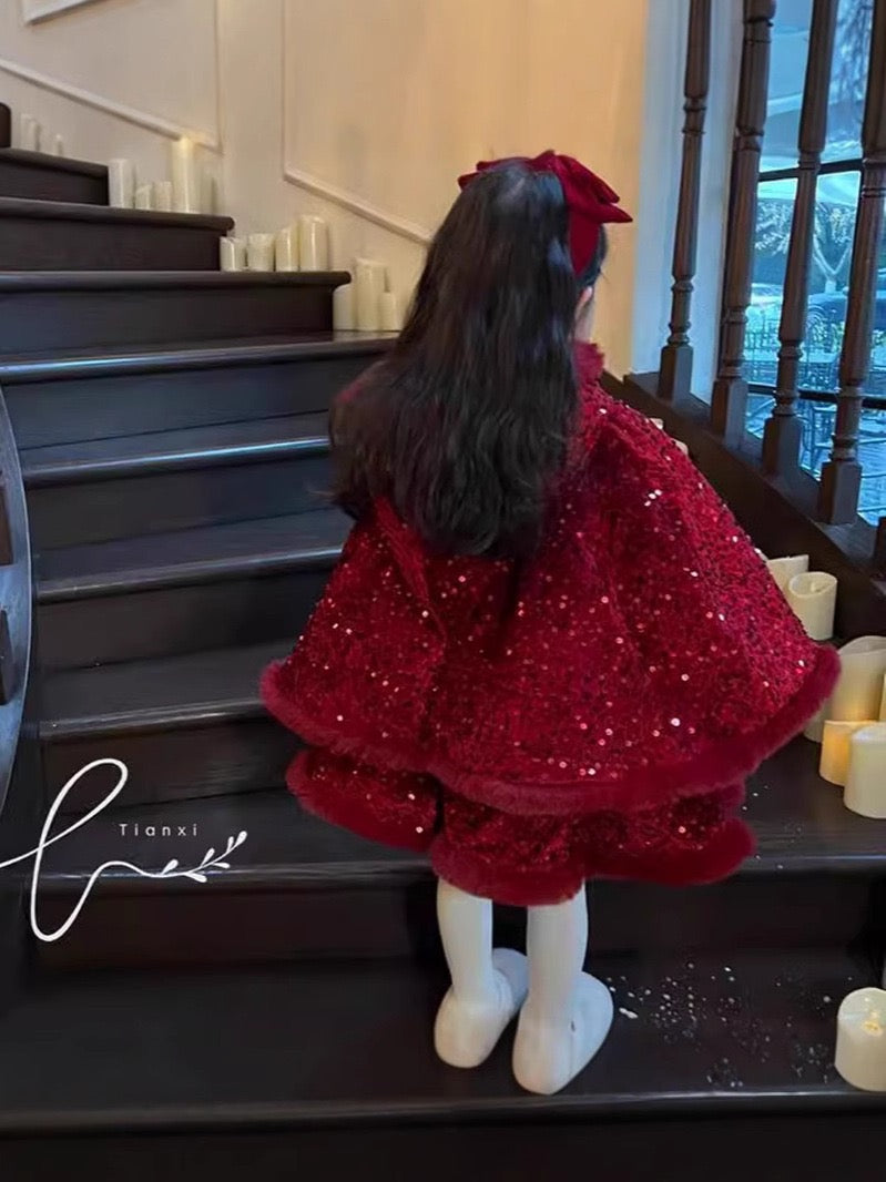 Sparkly Red Christmas Hooded Cape Dress