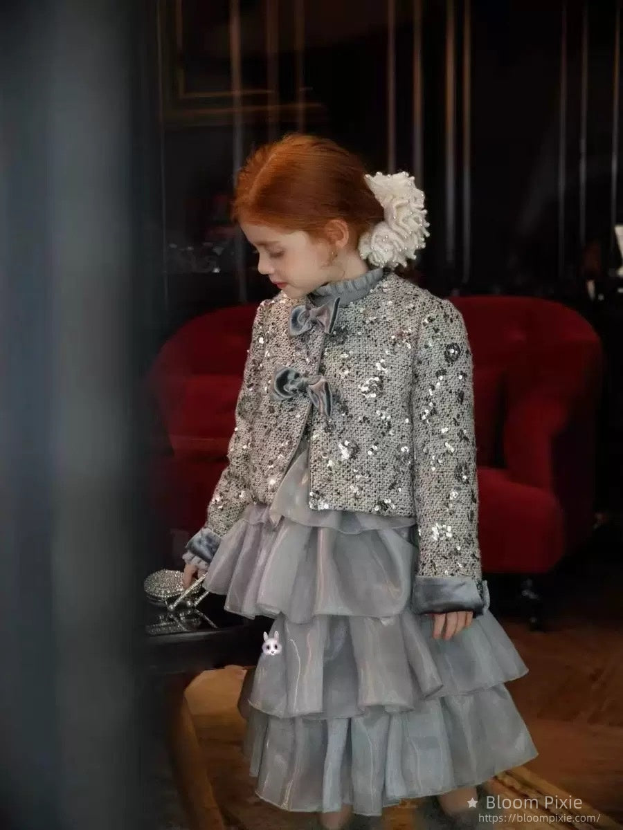 ✨Elegant Silver - Grey Sequined Tulle Dress for Girls✨