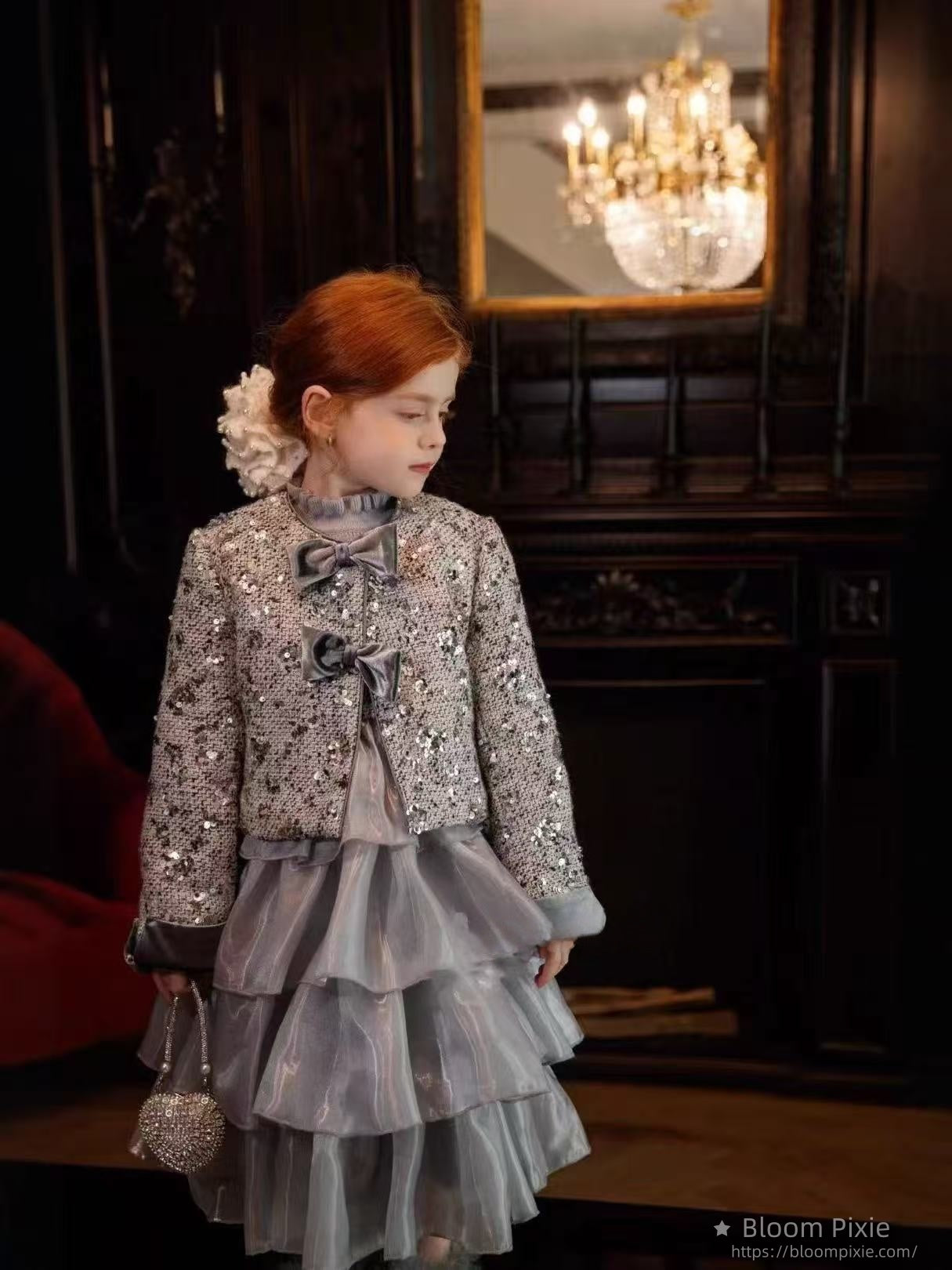 ✨Elegant Silver - Grey Sequined Tulle Dress for Girls✨