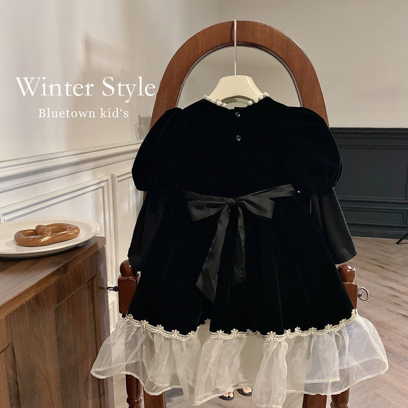 2025 winter children's clothing girls princess dress foreign style Hepburn style black dress velvet thickened dress skirt tide