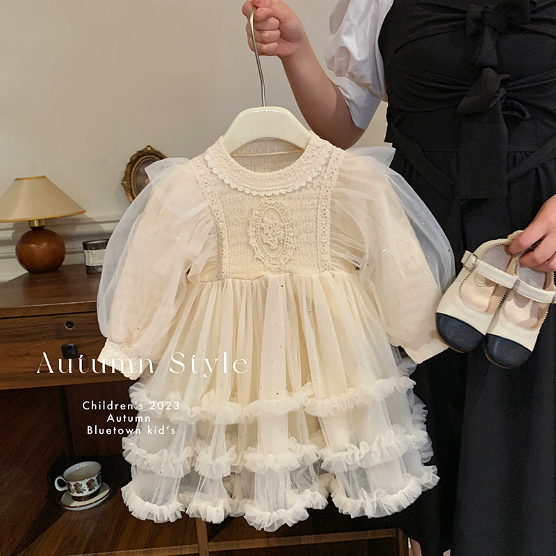 Girls mesh dress 2025 new autumn and winter velvet girls foreign fashion skirt girls baby children autumn clothes