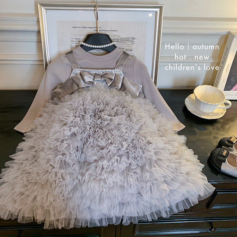 Girls sequined bow dress 2025 autumn new vest princess skirt bottoming top two-piece set