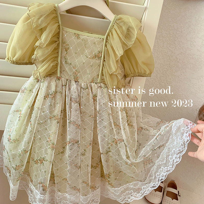 女童韩版洋气公主裙2025夏季新款儿童泡泡袖小清新碎花大摆连衣裙