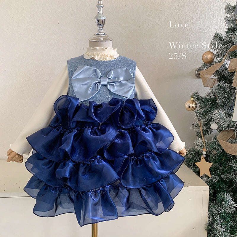 Girls' Winter Clothing 2025 Girls' Sleeveless Fleece Cake Fluffy Dress Bottom Fleece Top Two-piece Set