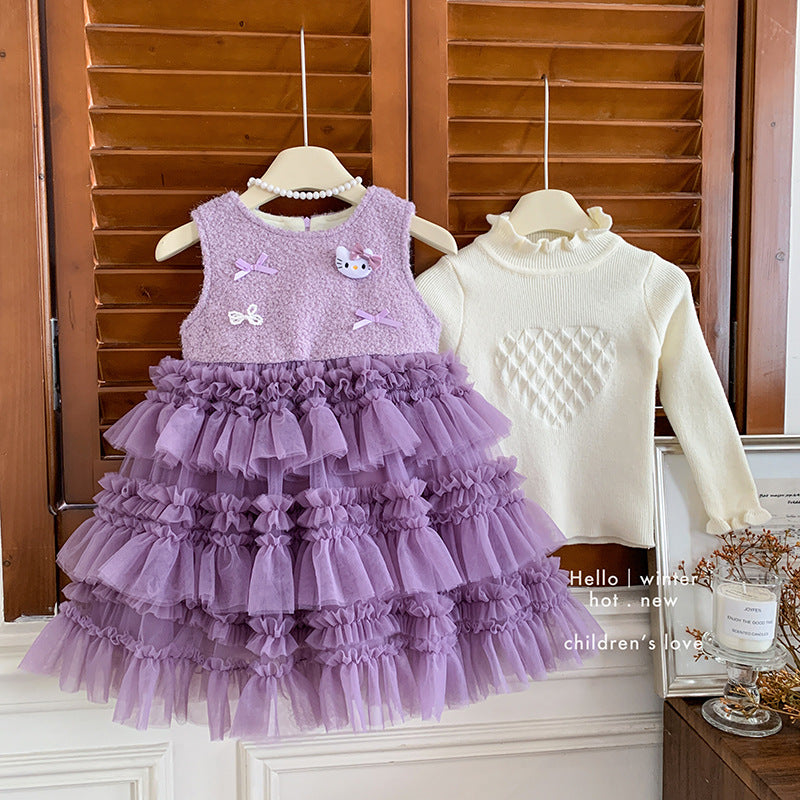 女童连衣裙冬款2025新款针织毛衣无袖加绒kt猫蛋糕连衣裙两件套