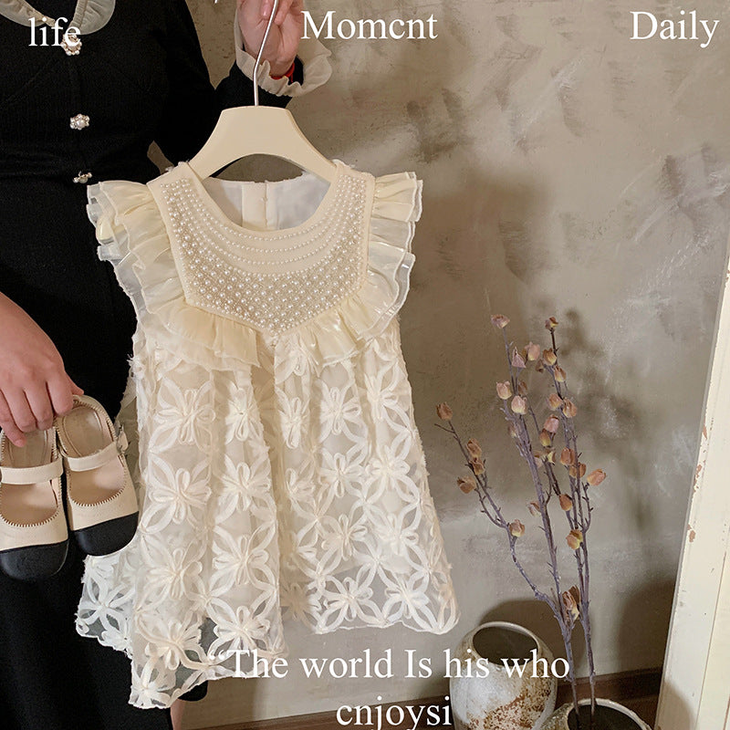 Girls dress 2024 summer new girls vest skirt little girl foreign princess hollow flower skirt