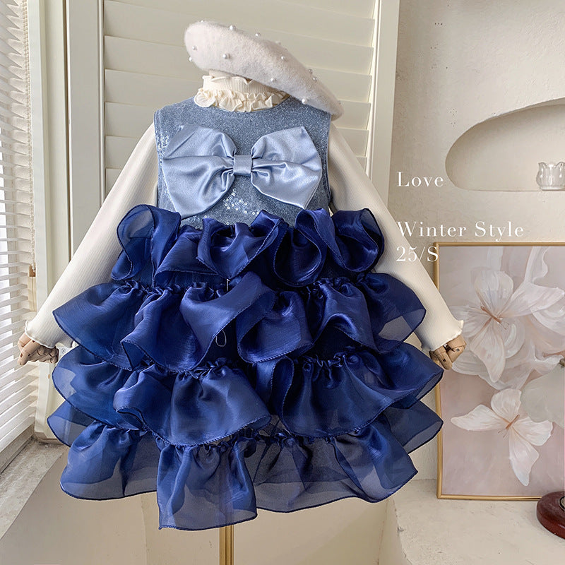 Girls' Winter Clothing 2025 Girls' Sleeveless Fleece Cake Fluffy Dress Bottom Fleece Top Two-piece Set