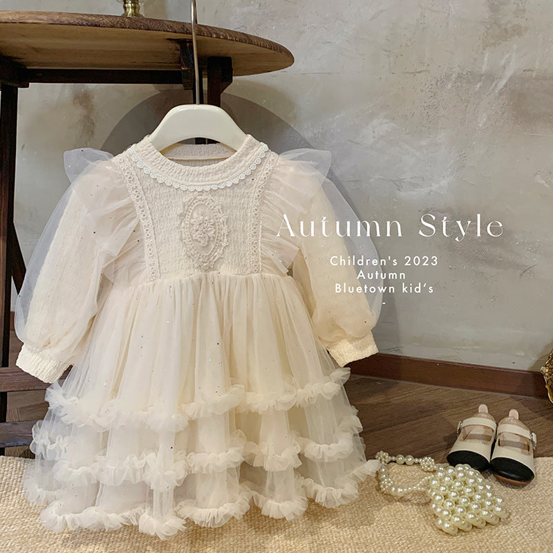 Girls mesh dress 2025 new autumn and winter velvet girls foreign fashion skirt girls baby children autumn clothes