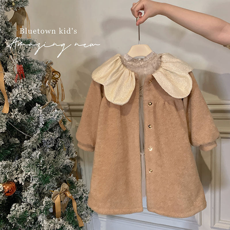 Girls' New Year's greetings red woolen jacket 2025 autumn and winter children's gas doll shirt collar clip cotton coat