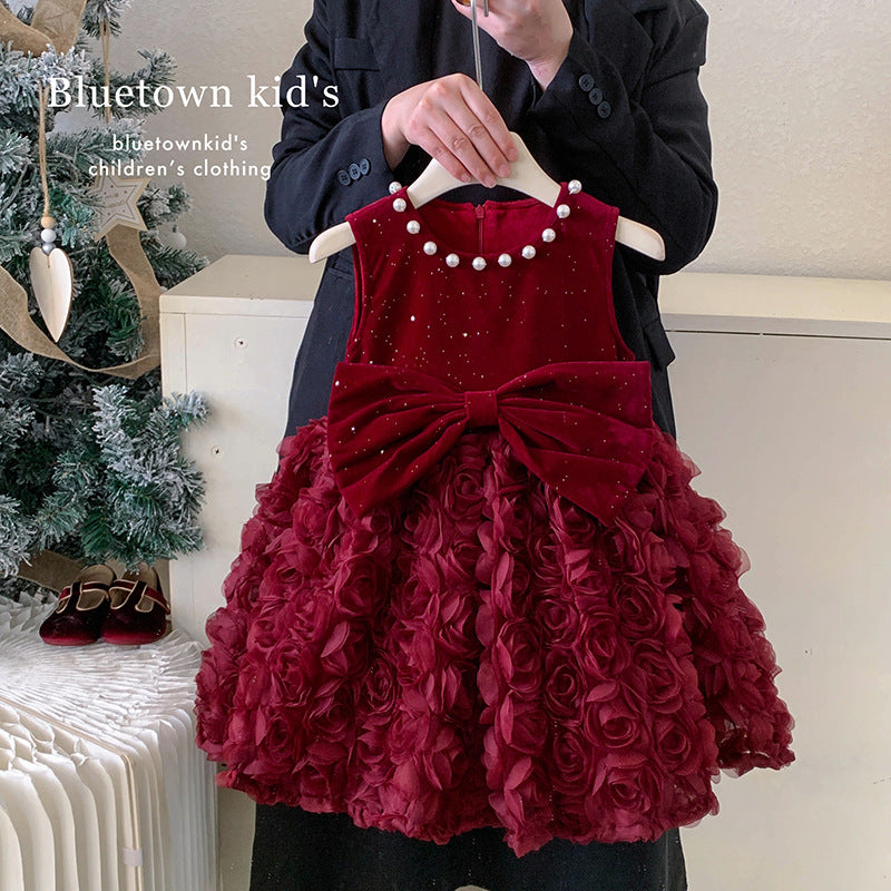 Winter children's velvet dress vest skirt baby foreign style velvet red princess skirt