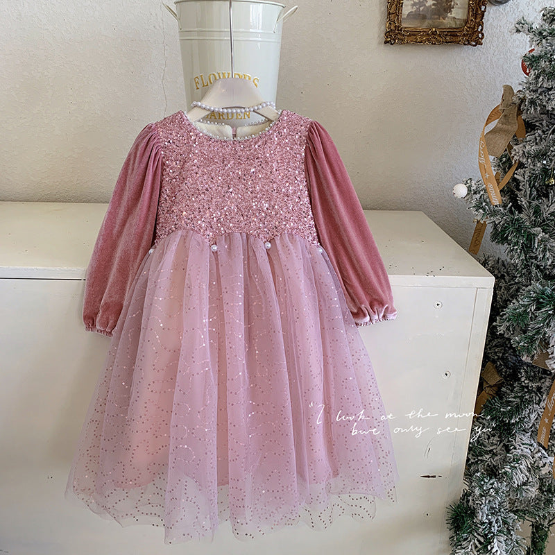 Korean version 2025 winter velvet mesh splicing long-sleeved dress pink sequined princess dress birthday dress dress dress