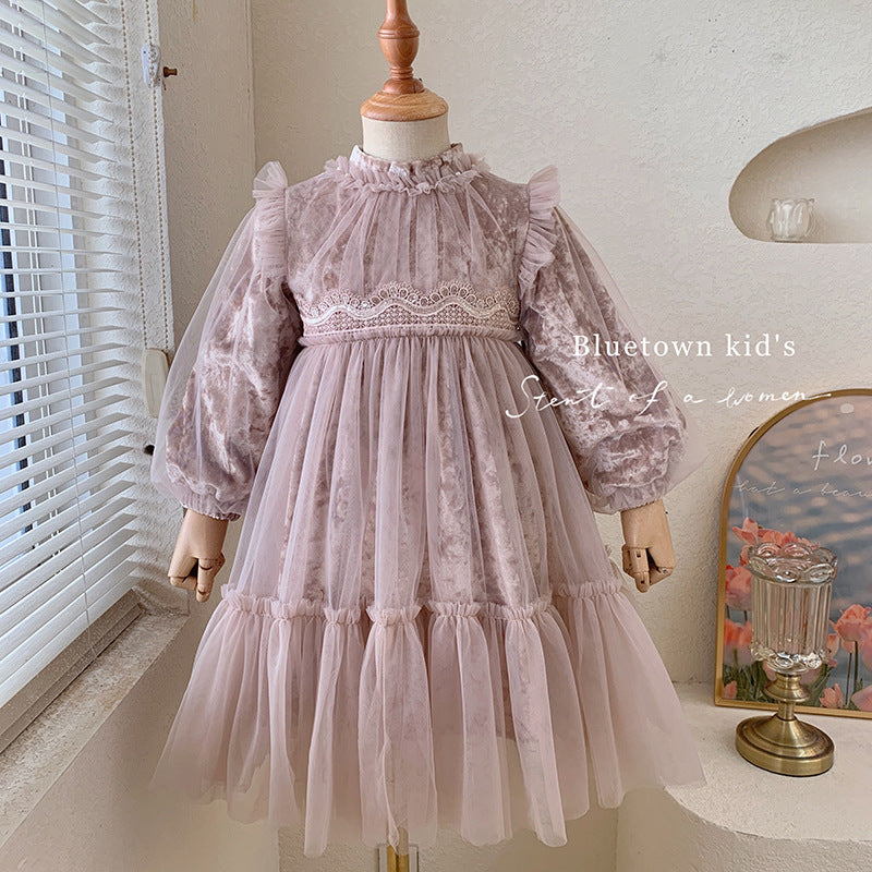 Autumn and winter children's velvet birthday dress baby girl winter dress fluffy yarn princess dress