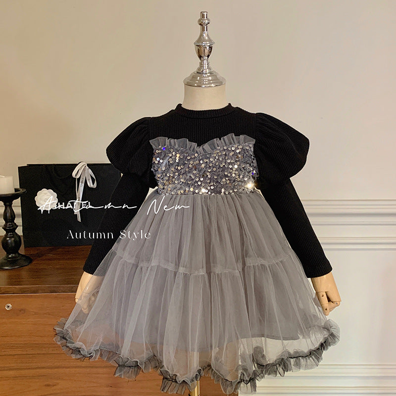 韩版童装女童秋季连衣裙儿童高级感网纱公主裙小女孩灰色礼服裙