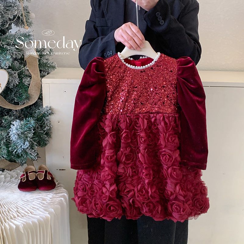 2025新款女童新中式网纱蓬蓬连衣裙女宝宝洋气圣诞加绒亮片公主裙