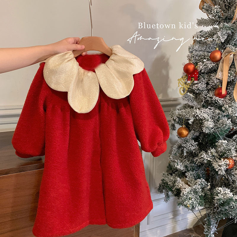 Girls' New Year's greetings red woolen jacket 2025 autumn and winter children's gas doll shirt collar clip cotton coat
