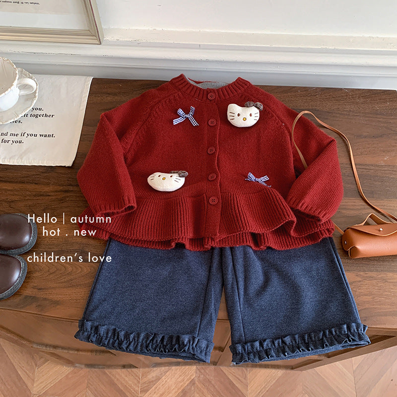 Girls' knitted vest, lace doll collar top, and wide-leg pants three-piece set for autumn children's clothing