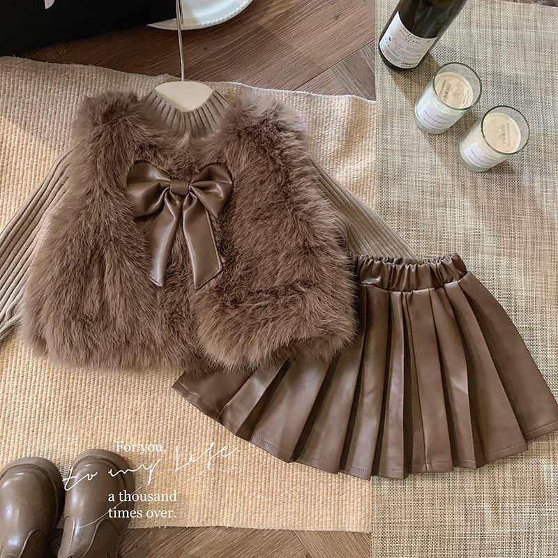 Korean version of girls' suit autumn and winter children's fashion wool sweater jacket + knitted top + plush pleated leather skirt tide