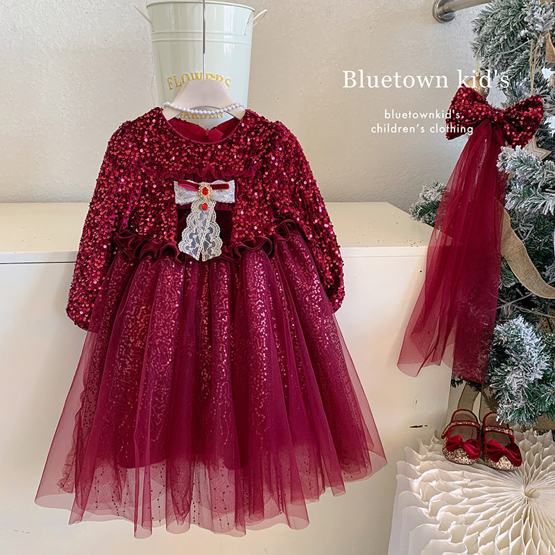 Girls dress winter 2025 new velvet christmas new year sequined princess gauze dress foreign fashion dress dress
