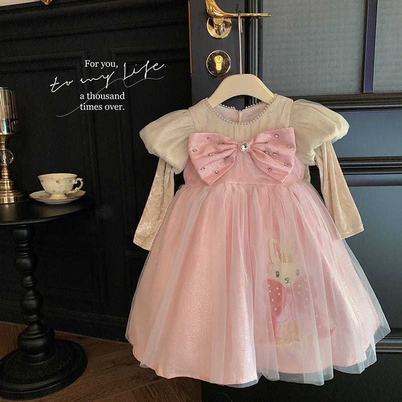Korean version of girls' autumn bow sweet dress 2023 new children's mesh princess dress birthday dress dress dress
