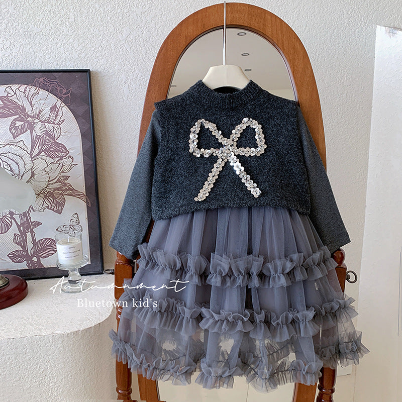 Princess dress girls dress autumn 2025 new foreign style children's skirt wool vest gauze skirt two-piece set