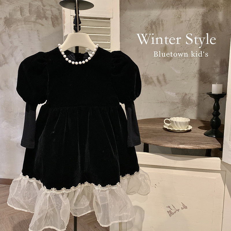 2025 winter children's clothing girls princess dress foreign style Hepburn style black dress velvet thickened dress skirt tide