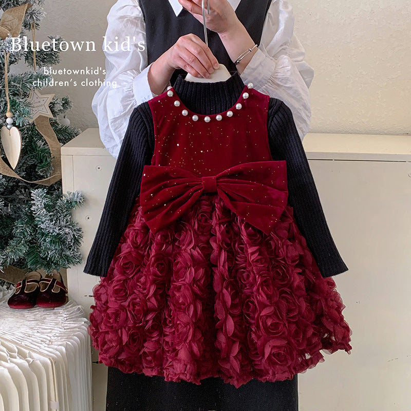 Winter children's velvet dress vest skirt baby foreign style velvet red princess skirt