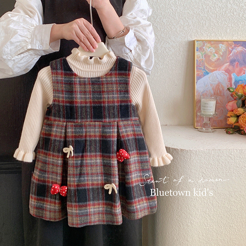 Dress children's clothing girls two plaid fleece dress new little girl no fleece knitted sweater set