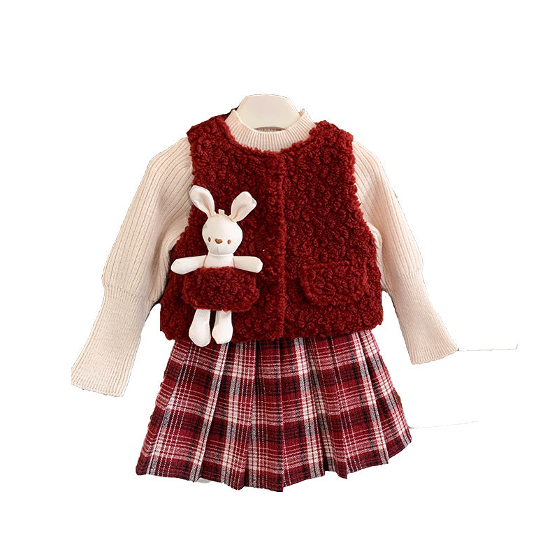 Girls autumn and winter 2025 new fashionable furry thickened vest knitted top plush pleated skirt three-piece set