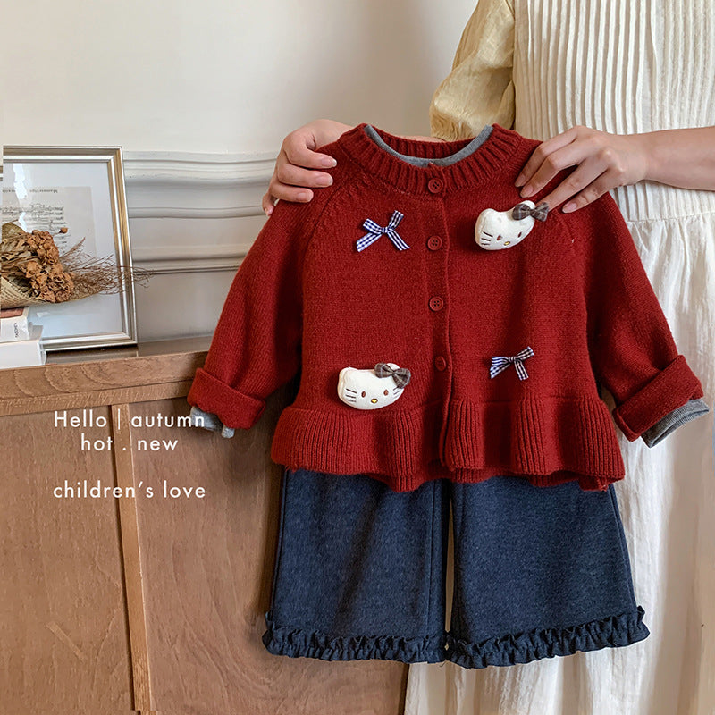 Girls' knitted vest, lace doll collar top, and wide-leg pants three-piece set for autumn children's clothing