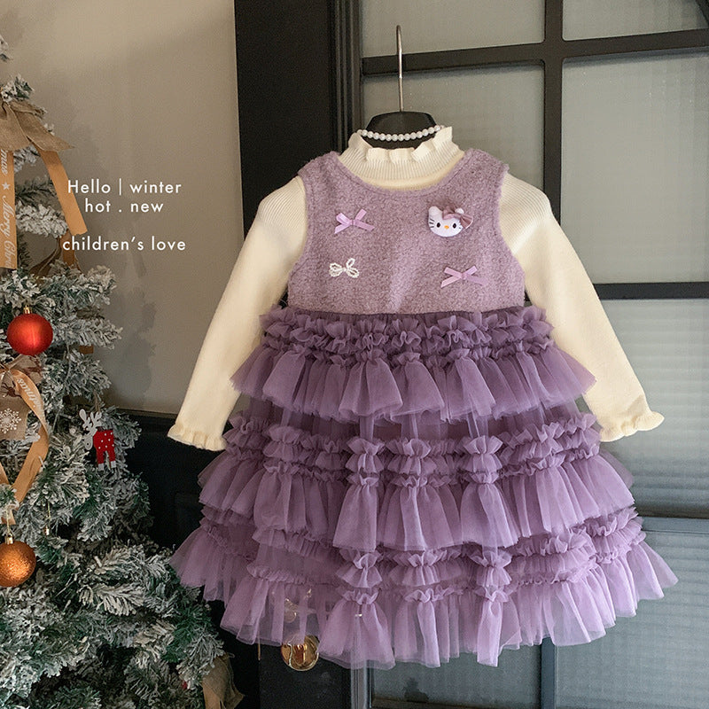 女童连衣裙冬款2025新款针织毛衣无袖加绒kt猫蛋糕连衣裙两件套