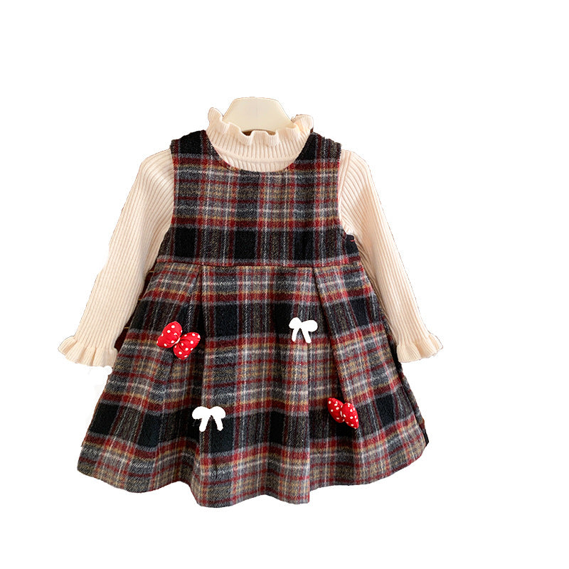 Dress children's clothing girls two plaid fleece dress new little girl no fleece knitted sweater set