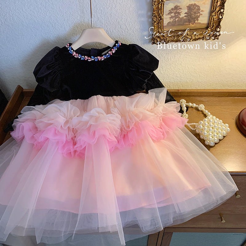 Children's clothing girls velvet bubble sleeve dress autumn and winter children's baby girl mesh velvet princess dress foreign style