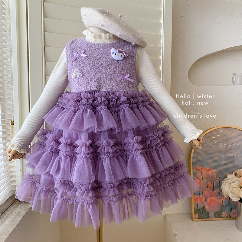 女童连衣裙冬款2025新款针织毛衣无袖加绒kt猫蛋糕连衣裙两件套