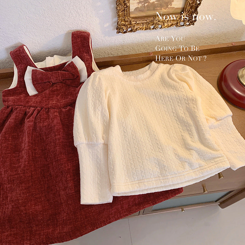 Girls' dress autumn and winter velvet thickened Korean version set, foreign style red baby girl one-year-old dress two-piece set