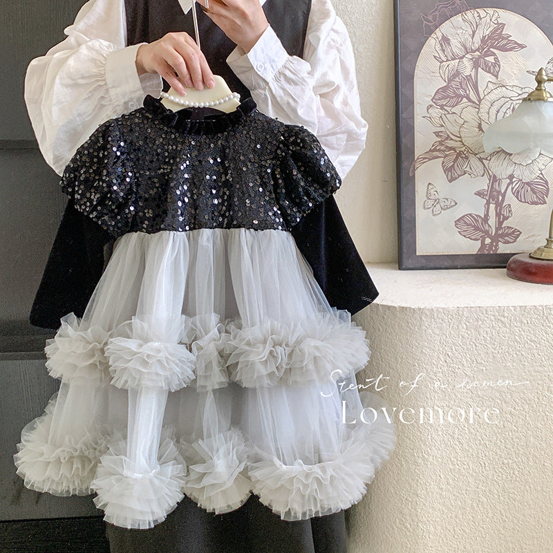 女童公主裙秋冬儿童加绒时尚网纱生日礼服裙蓬蓬裙女孩连衣裙