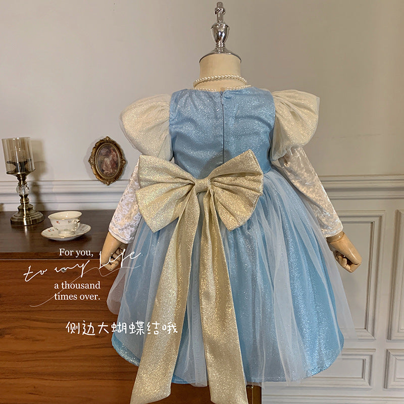 Korean version of girls' autumn bow sweet dress 2023 new children's mesh princess dress birthday dress dress dress