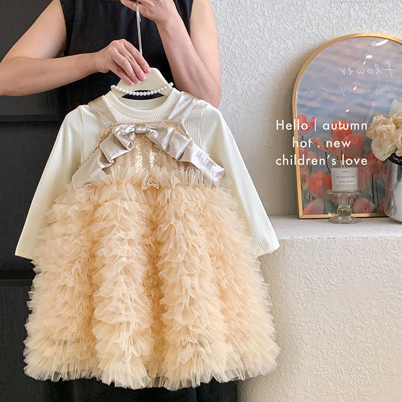 Girls sequined bow dress 2025 autumn new vest princess skirt bottoming top two-piece set