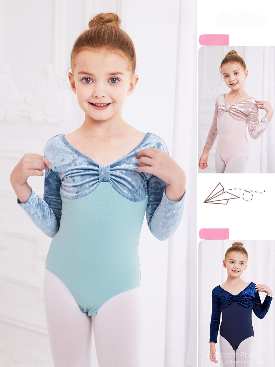 Velvet Bow Ballet Leotard for Kids(Include a pair of shoes and tights as a gift)