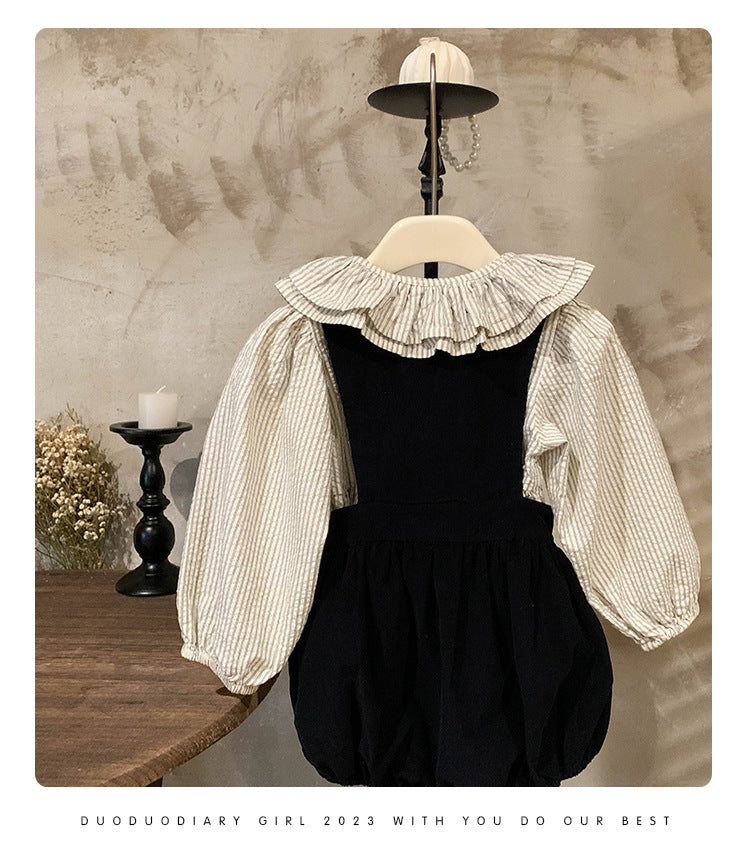 韩版童装2025春秋新款洋气时髦娃娃领条纹衬衫时尚花苞背带裤套装