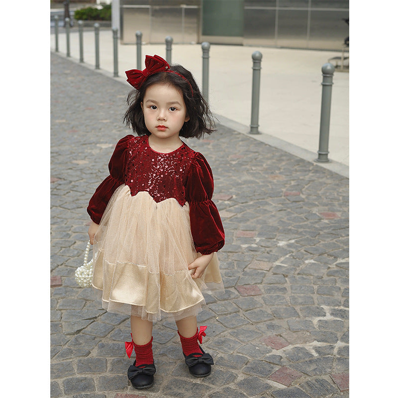 Girls dress autumn and winter 2025 new foreign style dress girls fleece thickened princess dress fluffy gauze skirt