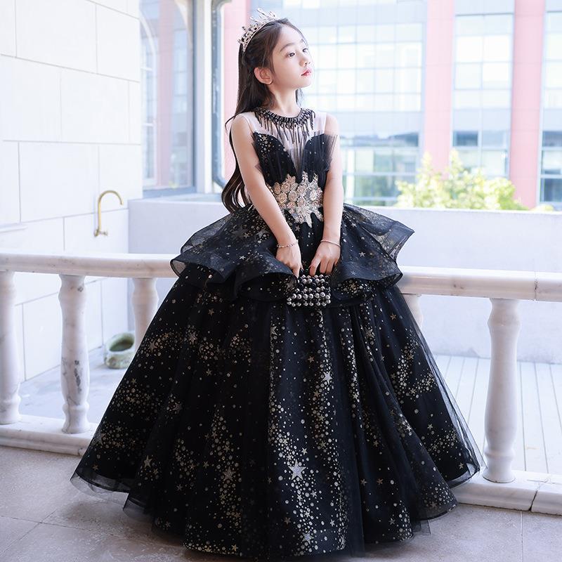 Black Princess Dress: Flower Girl/Host/Catwalk/Piano Performance Outfit for Girls
