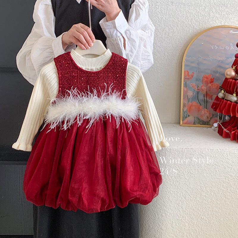 Girls' small fragrant style set, winter clothing, foreign style velvet vest, splicing tutu skirt, children's knitted top, two-piece set