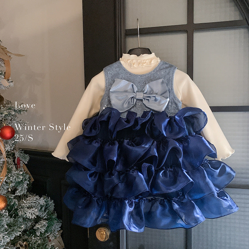 Girls' Winter Clothing 2025 Girls' Sleeveless Fleece Cake Fluffy Dress Bottom Fleece Top Two-piece Set